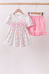 Pink floral bow smocked ruffle shorts set