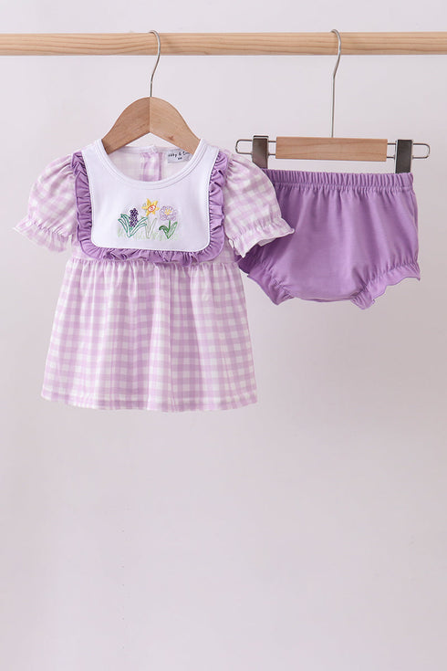 Purple floral embroidery gingham bloomer set