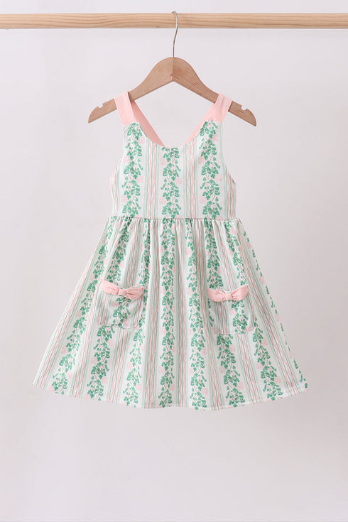 Green floral stripe pocket dress