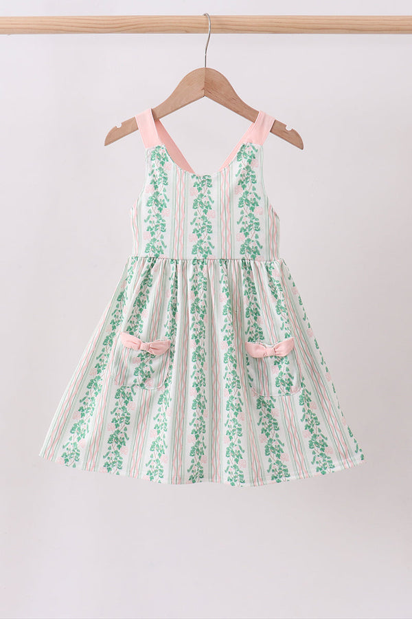 Green floral stripe pocket dress