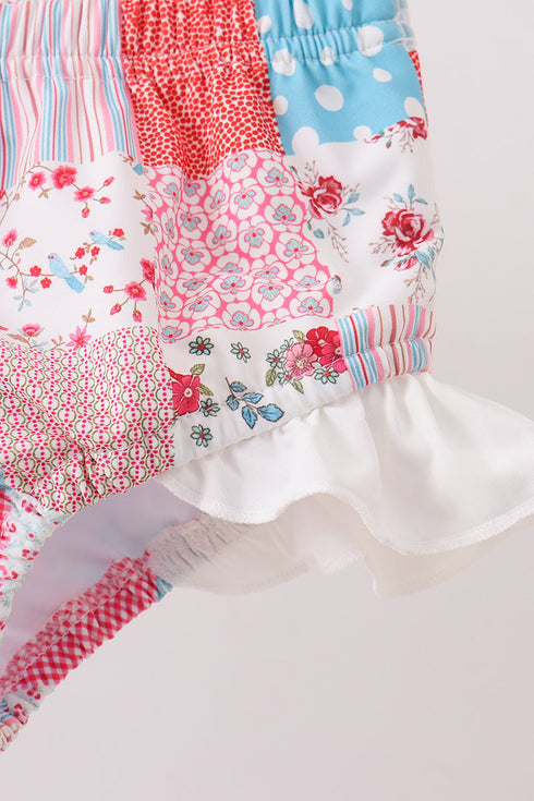 Pink floral patchwork ruffle 2pc swimsuit