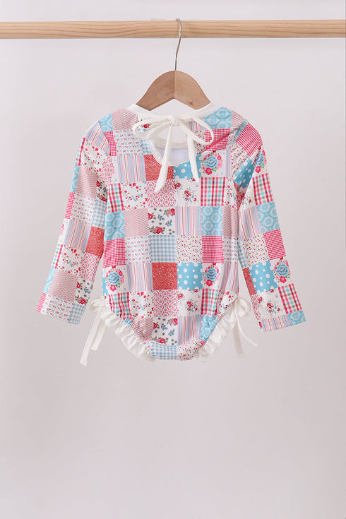 Pink floral patchwork ruffle rashguard