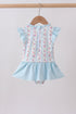 Blue floral ruffle one-piece swimsuit