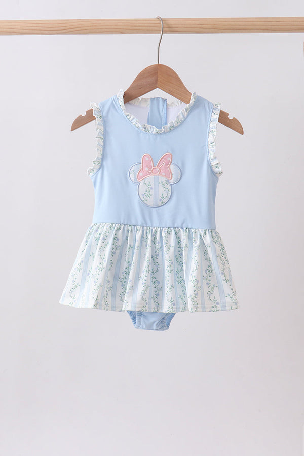 Blue character applique ruffle one-piece swimsuit