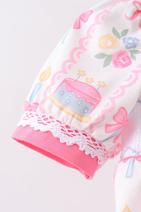 Pink birthday cake smocked bubble