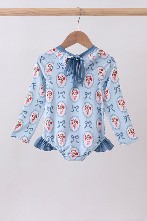 Blue strawberry bow ruffle rashguard