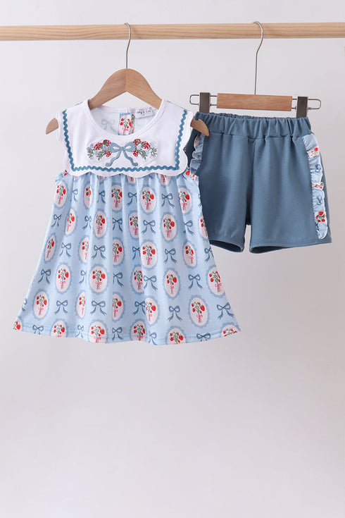 Blue strawberry bow ruffle shorts set
