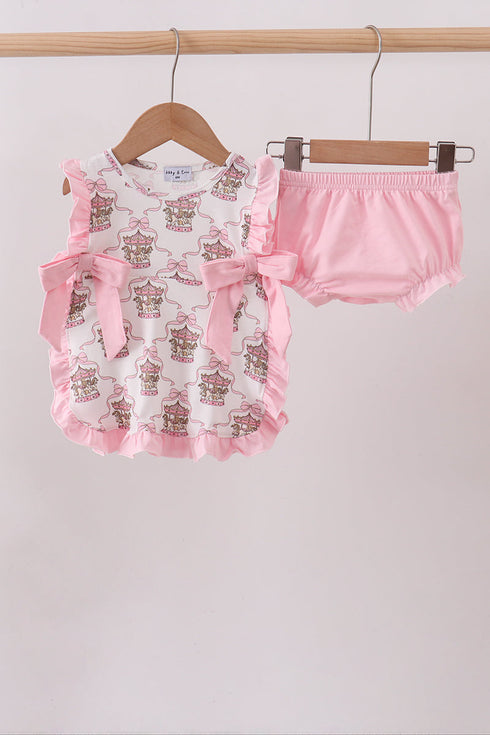Pink carousel print ruffle bloomer set