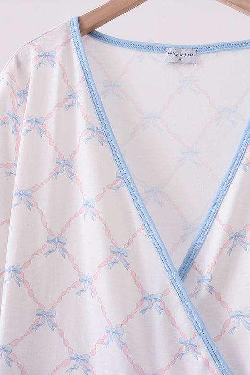Blue bow ribbon print dress