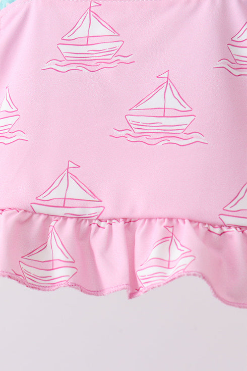 Pink sailboat print ruffle 2pc swimsuit