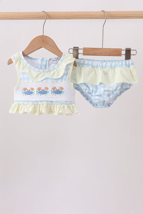Yellow crab smocked ruffle 2pc swimsuit