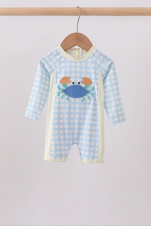 Blue crab applique plaid one-piece swimsuit
