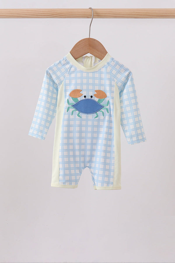 Blue crab applique plaid one-piece swimsuit