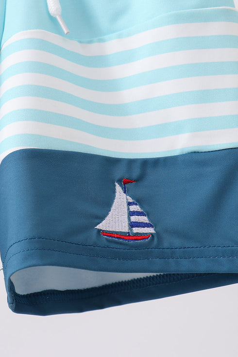Blue stripe sailboat embroidery swim trunks