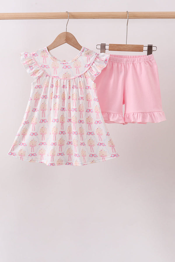 Pink bow castle ruffle shorts set