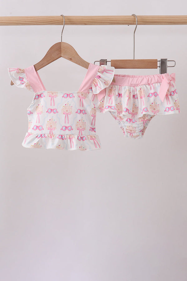 Pink bow castle ruffle 2pc swimsuit