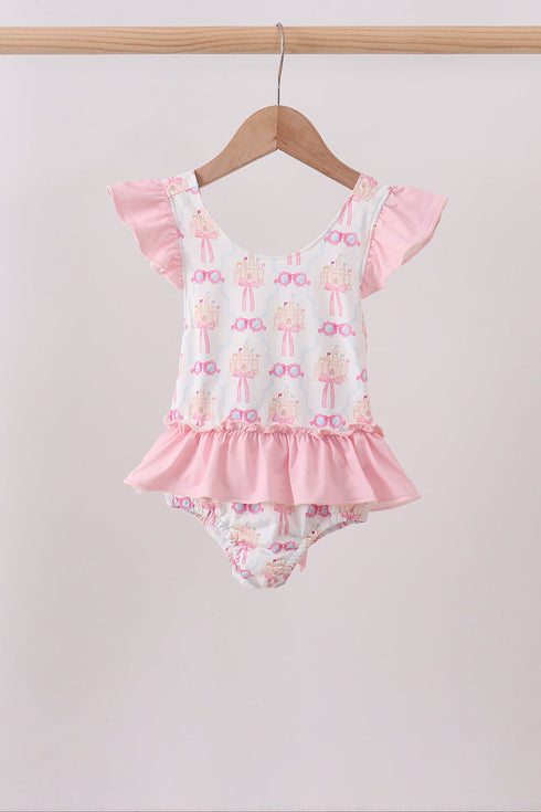 Pink bow castle ruffle one-piece swimsuit