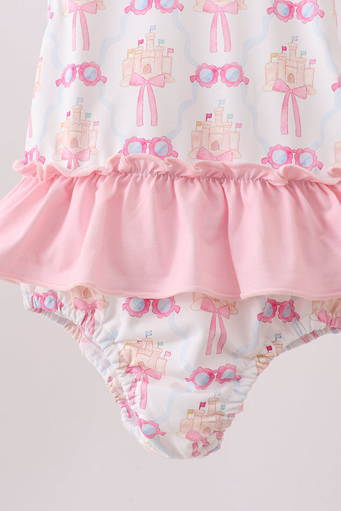 Pink bow castle ruffle one-piece swimsuit