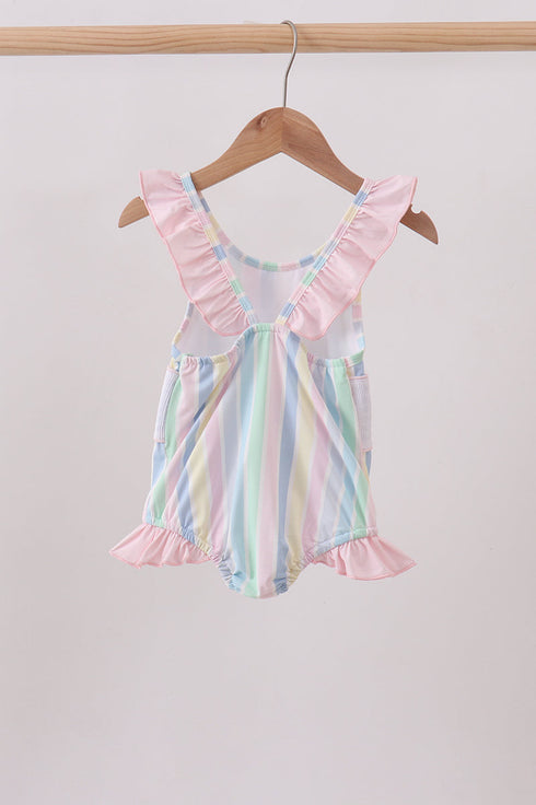 Rainbow stripe butterfly smocked ruffle one-piece swimsuit