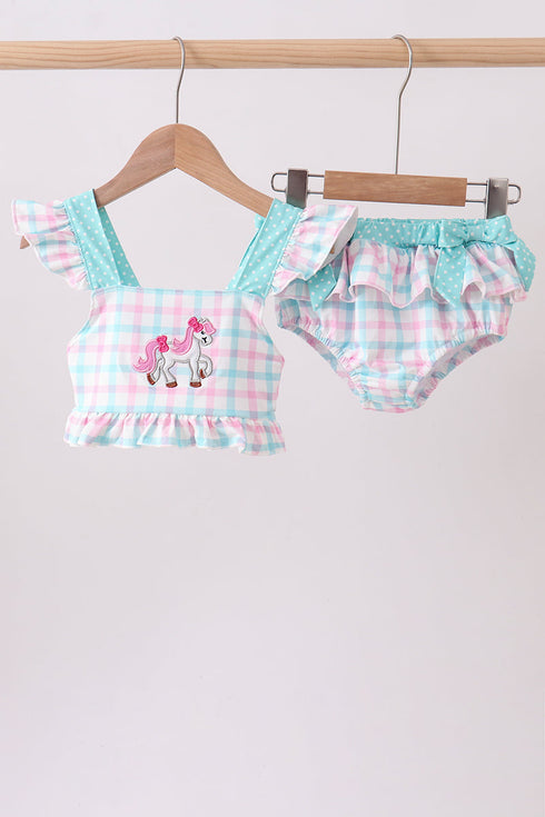 Green plaid horse applique 2pc swimsuit