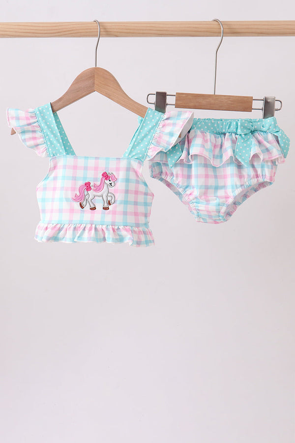 Green plaid horse applique 2pc swimsuit