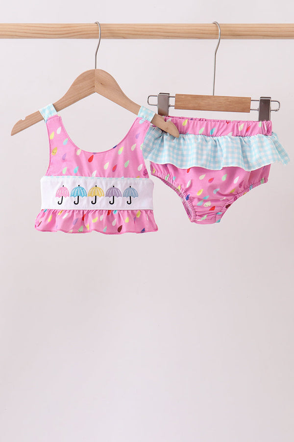 Hot Pink Umbrella Embroidered UPF Swim Set