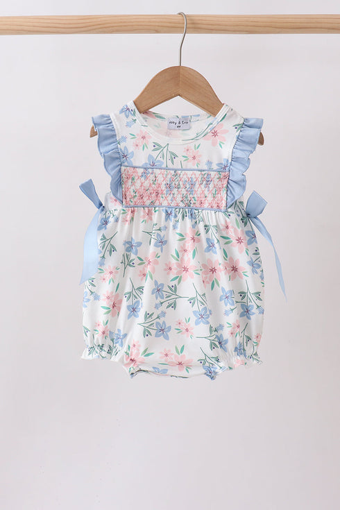 Blue Floral Smocked Ruffle Bubble