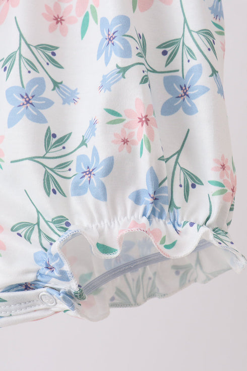 Blue Floral Smocked Ruffle Bubble