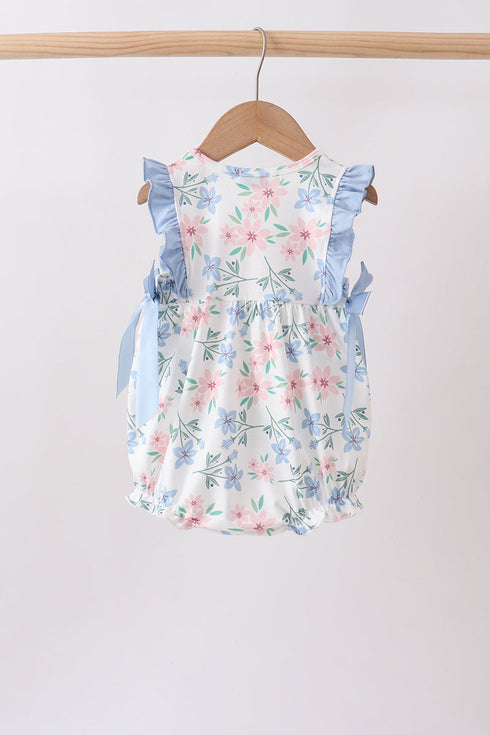 Blue Floral Smocked Ruffle Bubble