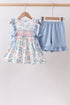 Blue Floral Smocked Ruffle Set