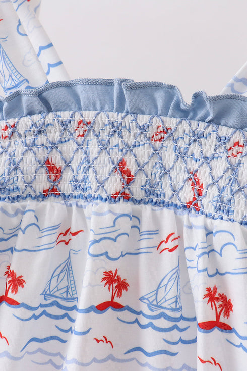 Blue Sailboat Smocked Bubble