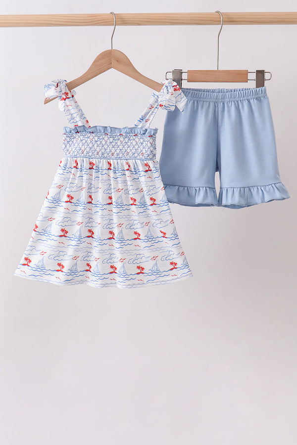 Blue Sailboat Smocked Set