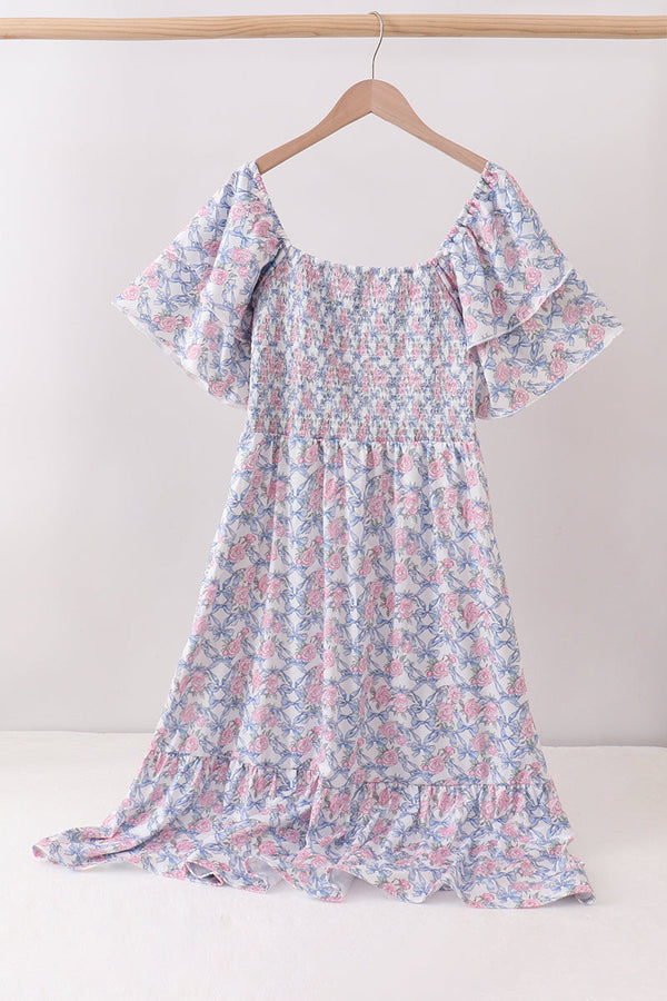 Blue Floral Smocked Women Dress
