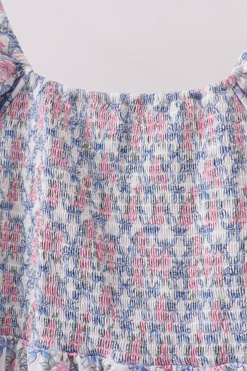 Blue Floral Smocked Women Dress