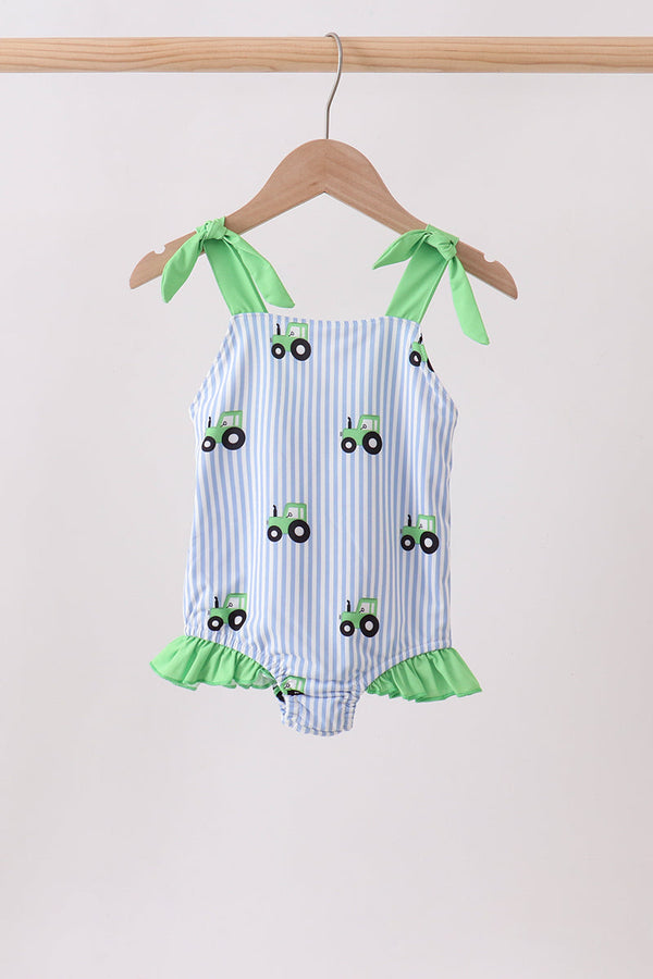Blue Tractor Stripe UPF Swim One-Piece