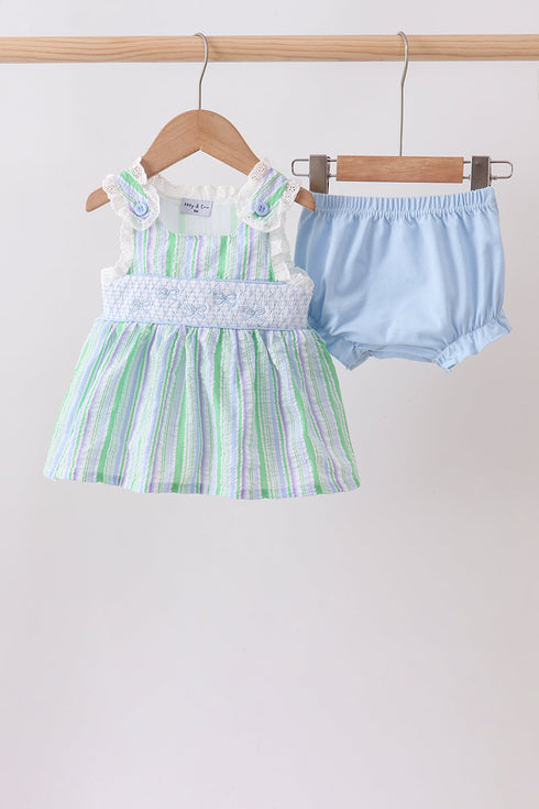 Green Stripe Smocked Bow Seersucker Bloomer Set