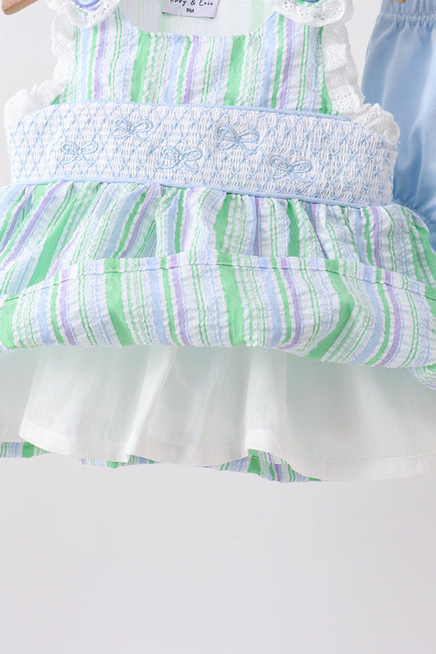 Green Stripe Smocked Bow Seersucker Bloomer Set