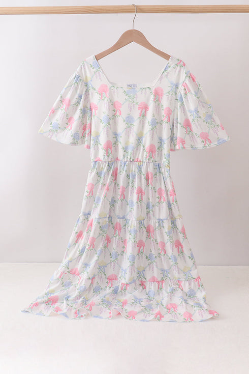 Blue Hydrangea Bow Women Dress