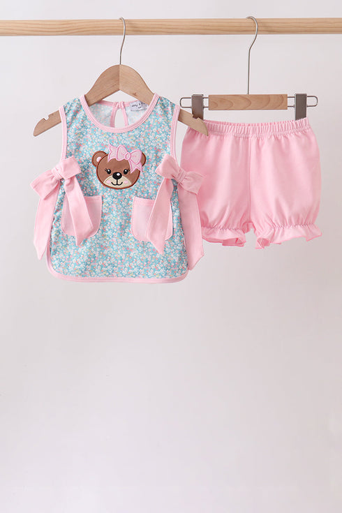 Green Bear Floral Applique Bloomer Set