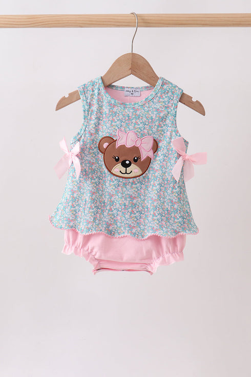 Green Bear Floral Applique Bubble