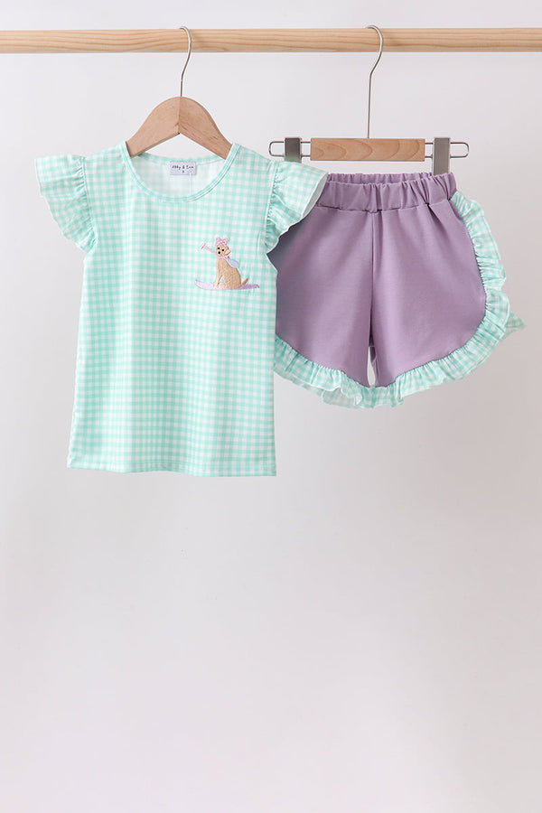Mint Puppy Plaid Embroidered Set