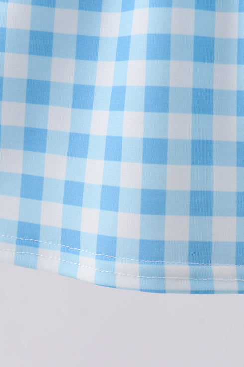 Blue Apple Appliqué Gingham Ruffle Dress