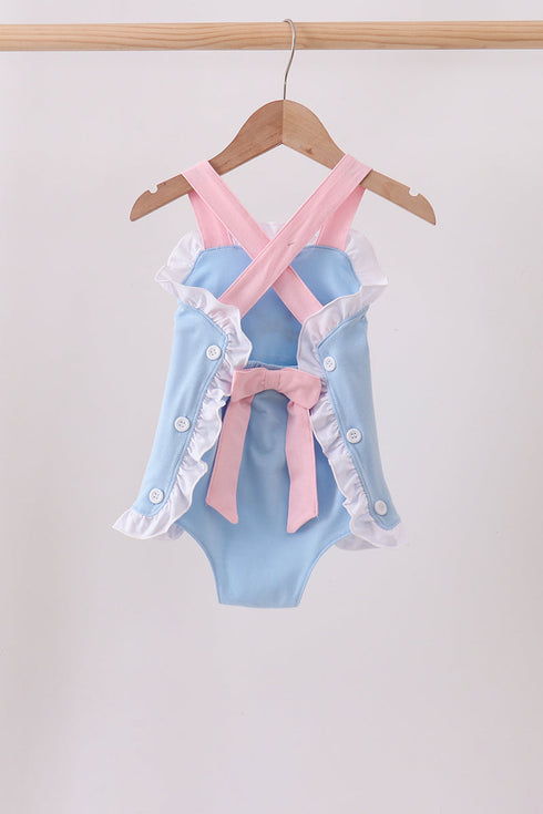 Blue pencil bow embroidery ruffle bubble