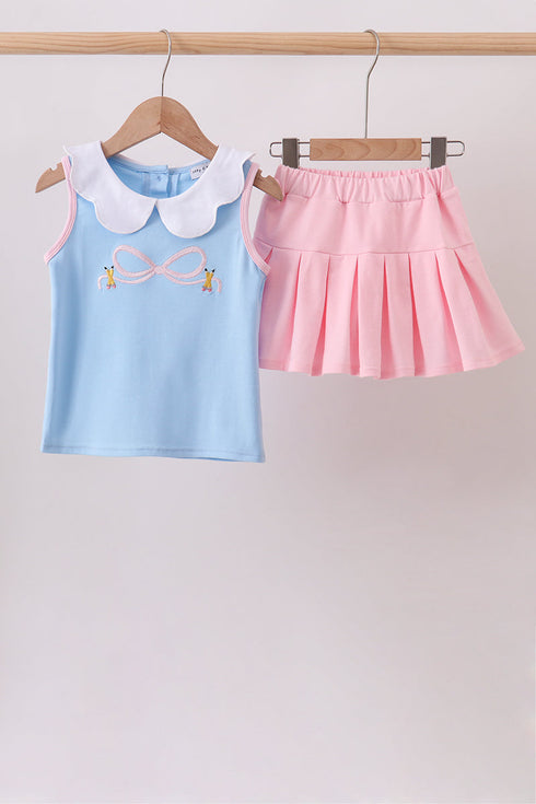 Blue pencil bow embroidery ruffle skorts set