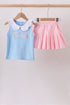 Blue pencil bow embroidery ruffle skorts set