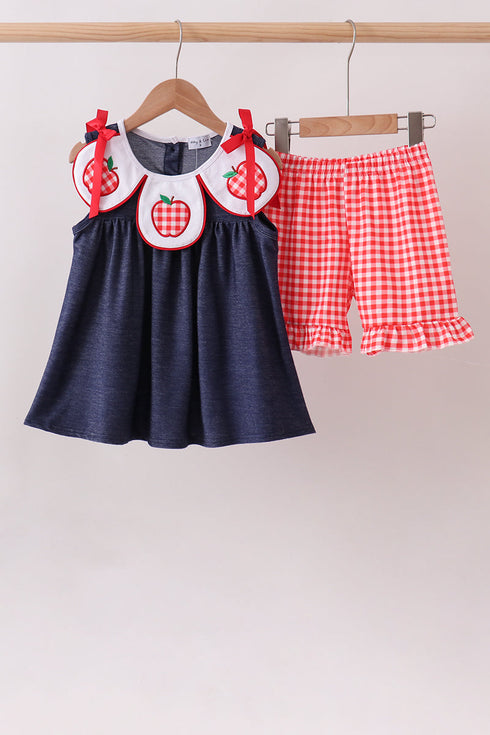 Navy Apple Applique Denim Ruffle Set