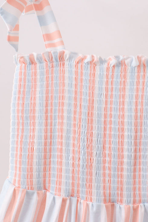 Multicolored Stripe Smocked Tiered Women Dress