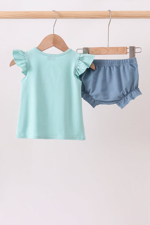 Blue Farm Tractor Embroidered Bloomer Set