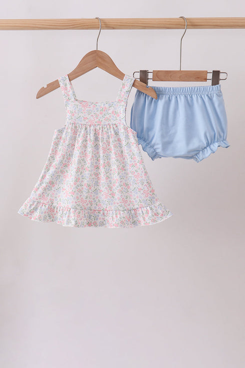 Blue Floral Print Ruffle Bloomer Set