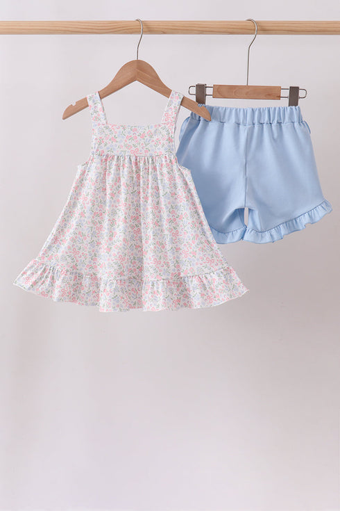 Blue Floral Print Ruffle Shorts Set
